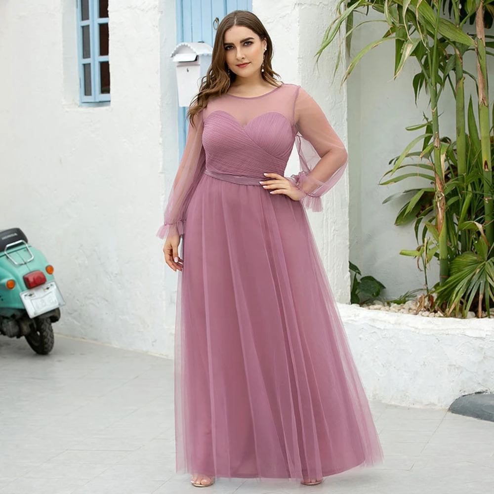 Tulle Gown Formal Dress Long Sleeve Dusty Rose Pink